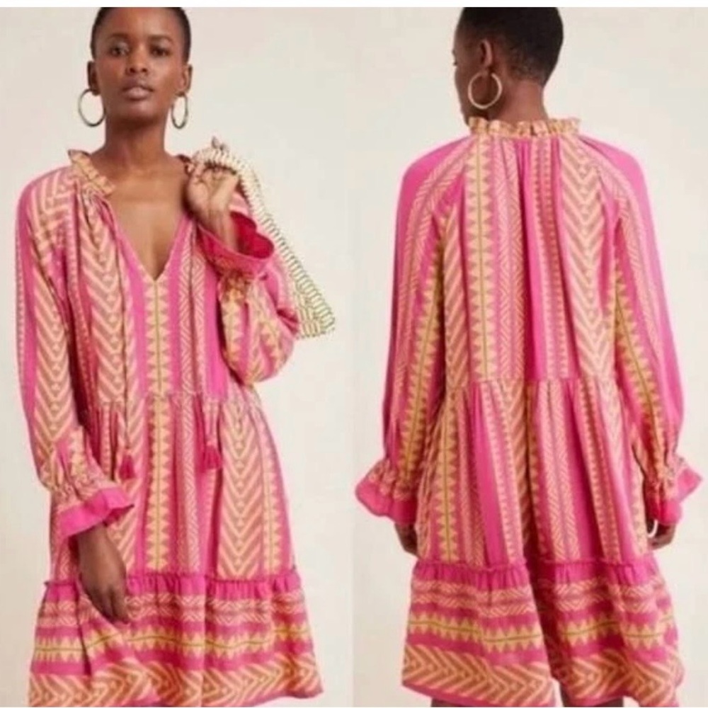 Maeve Anthropologie Dominique tunic dress in a pink and yellow geometric pattern